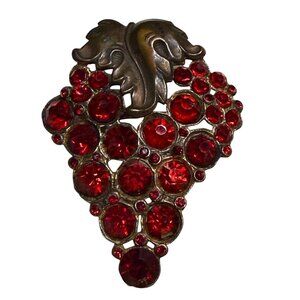 Antique Red Rhinestone Grapevine Brooch Pin Brass Leaf READ/SEE